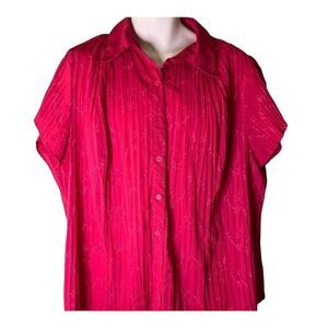 East 5th Women 2X Magenta Pink Pleated Embroidered Short Sleeve Button Up Blouse